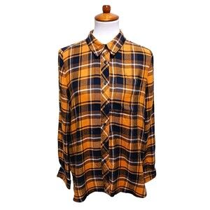 NEW Stitch Fix Melloday Button Down Shirt Blue & Gold Plaid Sz Large Lightweight